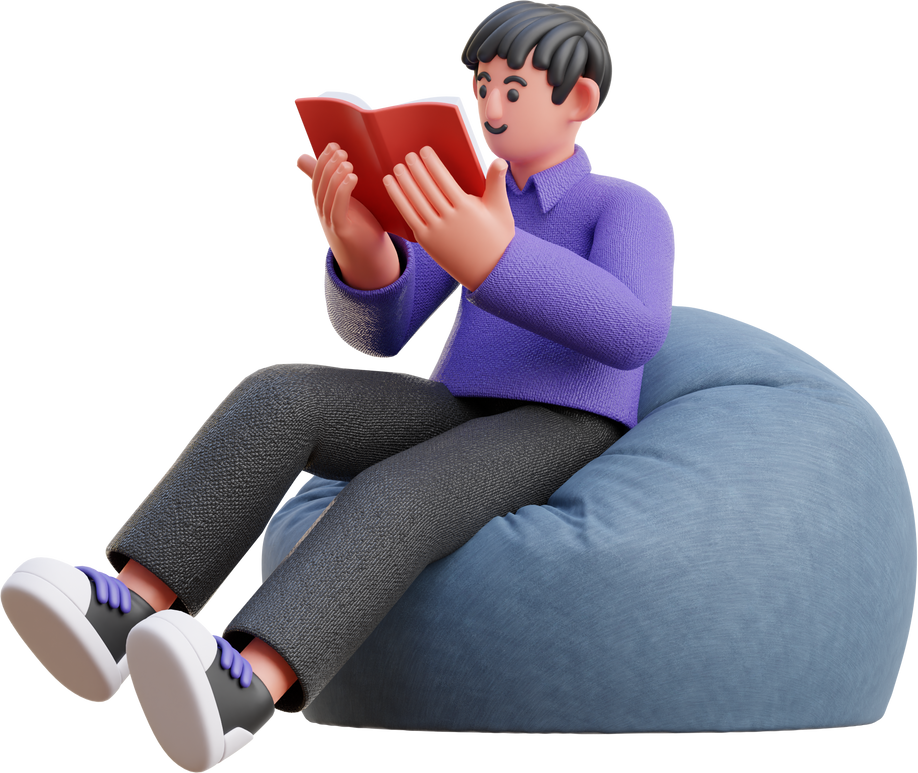 3D Character Male Reading a Book while Sitting on Bean Bag