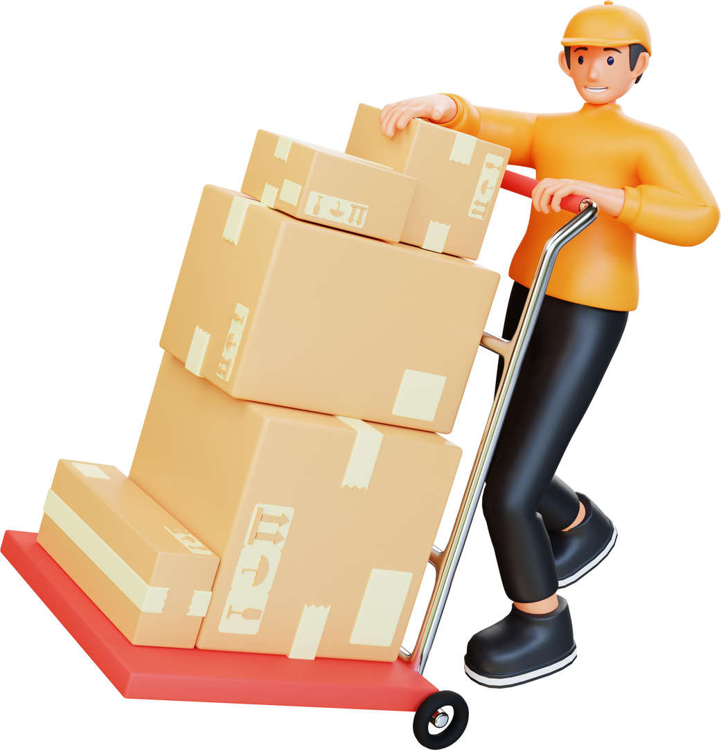 orange courier pushes the package with cart